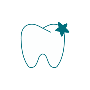 Minimalist teal outline of a tooth with a star at the top right, symbolizing dental care or excellence in dentistry. Clean and simple design.