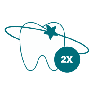 Stylized tooth with a ring and star orbiting it, symbolizing dental care or protection. A circle with "2X" indicates enhanced effectiveness.