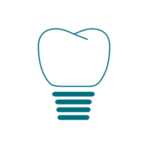 Icon of a dental implant in teal. The icon features a simplified tooth shape on top of a threaded base, symbolizing dental restoration.