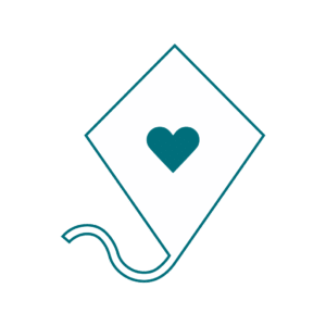 A simple line drawing of a teal kite with a heart in the center and a curving tail. The style is minimalist, conveying a sense of playfulness and affection.