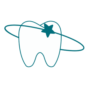 A line drawing of a tooth with a star and ring encircling it, resembling Saturn. The design is minimalistic, conveying a playful, space-themed concept.
