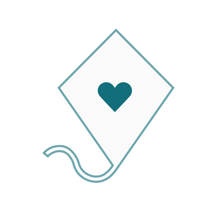 Simple line drawing of a diamond-shaped kite with a light blue outline and a trailing tail on a white background, conveying a sense of freedom and playfulness.