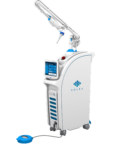 A Solea dental laser system featuring a display screen, ergonomic design, and articulated arm for precise dental procedures.